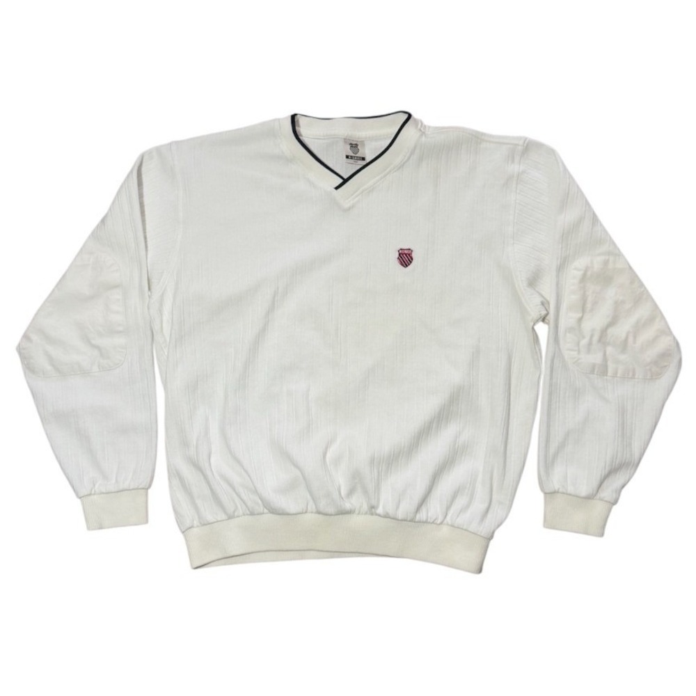 Vintage 90s Y2K K-Swiss Crest Logo V-Neck Textured Elbow Patch Pullover Sweater
